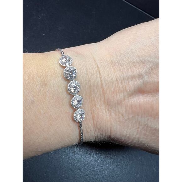 Sterling Silver CZ Halo Bolo Bracelet Adjustable Sparkle Slider Bracelet - Picture 7 of 15